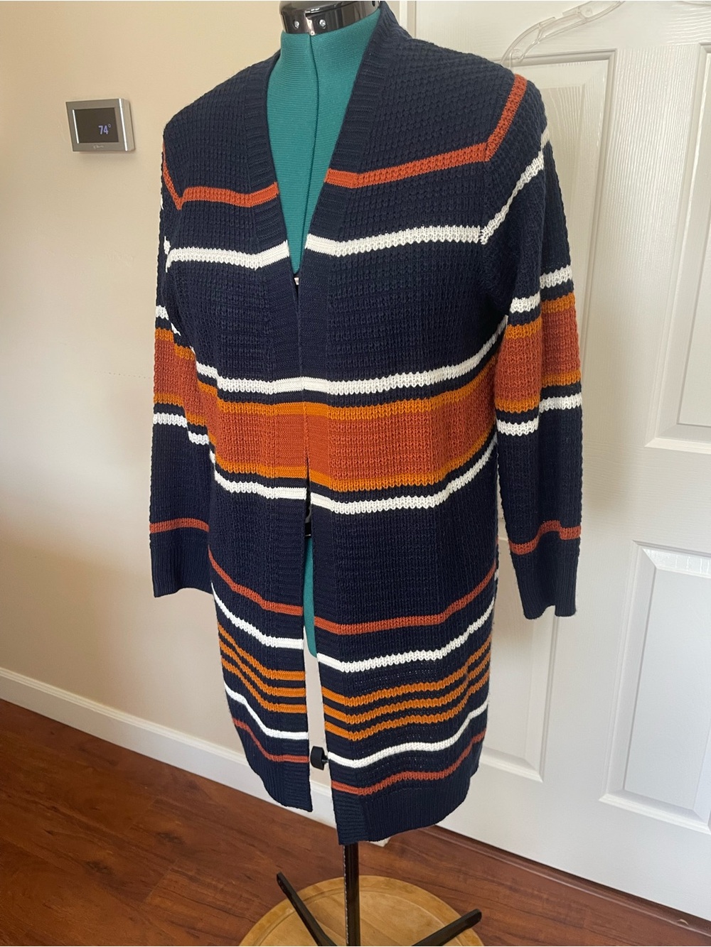 Macy's Navy Open-Front Striped Cardigan with Rust & Cream - Picture 14 of 14